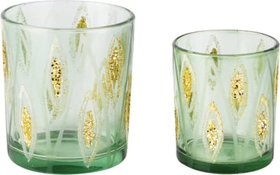Dekoratief | Set 2 theelichthouders 'Glitter Rhombus', groen/goud, glas, 9x9x10cm | A255287
