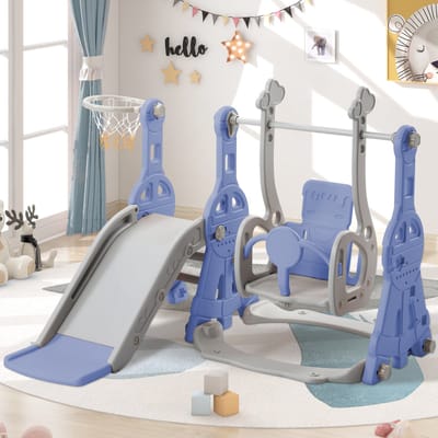 4-in-1 peuterglijbaan en schommelset, kinderspeelplaats met basketbalring en antislip klimtreden, vrijstaande speelset voor binnen en buiten voor kinderen van 1-5 jaar, HDPE-kunststof tuinspeelgoed, blauw
