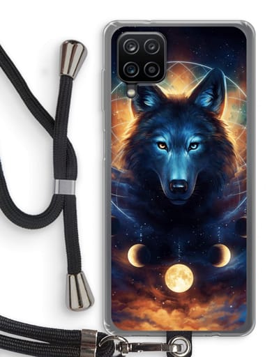 Case Company® - Hoesje met koord geschikt voor Samsung Galaxy A12 hoesje met Koord - Wolf Dreamcatcher - Telefoonhoesje met Zwart Koord - Bescherming aan alle Kanten en Over de Schermrand