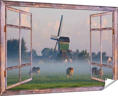 Gards Tuinposter Doorkijk Landschap met Koeien - 180x120 cm - Tuindoek - Tuindecoratie - Wanddecoratie buiten - Tuinschilderij