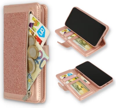 HB Hoesje Geschikt voor Apple iPhone 11 Pro - Rosegoud - Glitter - Luxe Portemonnee Book Case met Rits