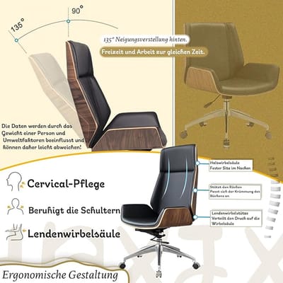 Bürostuhl Ergonomisch 135° Kantelbaar met Lendensteun & 360° Wielen – Kunstleder Computerstoel tot 150 kg – Zwart Small