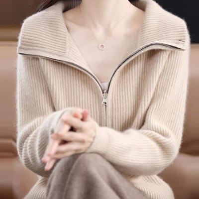 Nieuw Vest Dames Revers Rits Effen Kleur Jas Los Verslankend Kasjmier Gebreide Trui M beige