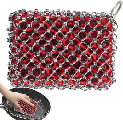 Metalen Schrobber - Gietijzer Reiniger - Keuken Schoonmaken - Veilig Ontwerp - 11.2 x 7.5 cm - Rood