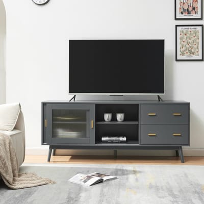 Tv-meubel Susa met lades en schuifdeuren met glas 160x40x65 cm grijs [en.casa]