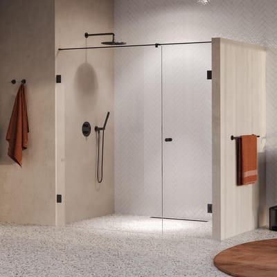 Brauer Void - Carving Nisdeur - 2-Delig - Helder Glas - 190 x 200 cm - Omkeerbaar - met Draaideur 70 cm - Aan Muur - incl. Glascoating - PVD Gunmetal Geborsteld