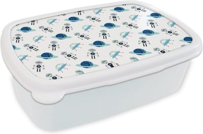 Broodtrommel Wit - Lunchbox - Brooddoos - Space - Robot - Planeten - Patroon - 18x12x6 cm - Volwassenen