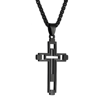 Zwartkleurige schakelketting voor heren en dames met dubbel kruis hanger – metalen ketting met modern opengewerkt ontwerp