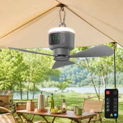 Rosnek Oplaadbare Campingventilator met Verlichting - 12000mAh Tent Ventilator Lamp - Afneembare Bladen - 45cm Draagbare Plafondventilator - Outdoor - Tent