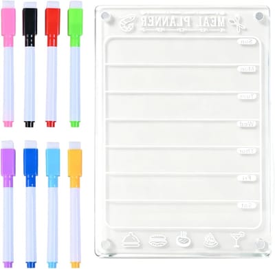 Koelkastbord met 8 afwisbare markers voor weekmenu's, acryl, magnetisch en transparant, 20 x 30 cm, ideaal voor organisatie en planning