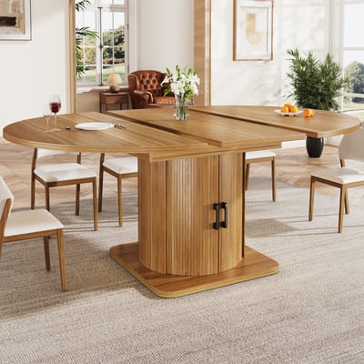 OKWISH Uitschuifbare Eettafel - Rond Naar Ovaal - 4 Gebruiksmodes - Met Opbergruimte - MDF Zwartbruin - 118-158x118x76 cm