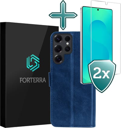 Hoesje Met 2x Screenprotector - Geschikt voor Samsung Galaxy S25 Ultra - Luxe Pasjeshouder - Flip Case - Bookcase Portemonee - Kunstleer Book Case - Flipcase Hoes - Book Cover - Walletcase - Portemonneehoes - Donkerblauw