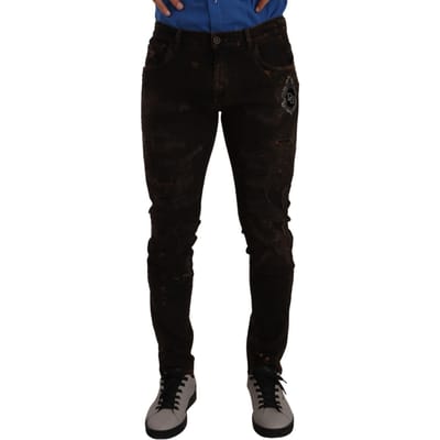 Dolce & Gabbana Heren Bruine DG Kroon Logo Katoenen Skinny Denim Jeans