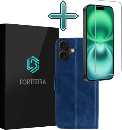 Hoesje Met Screenprotector - Geschikt voor Apple iPhone 16 - Luxe Pasjeshouder - Flipcase - Bookcase Portemonee - Flip Case - Kunstleer Book Case - Book Cover - Walletcase - Portemonneehoes - Donkerblauw