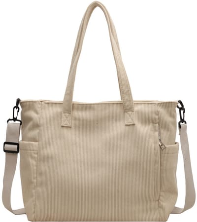 Schoudertas - Dames Tas - Tassen met rits - Corduroy tas - Crossbodytas - Ruime tote - Boodschappentas - Veelzijdige forensentas - Geschikt voor woon-werkverkeer, winkelen en dagelijks gebruik - 39 x 14 x 28 cm - Crèmewit