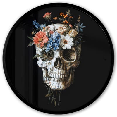 Poster in lijst Rond - Fotolijst 40x40 cm - Posters - Bloemen - Schedel - Kleurrijk - Ronde posterlijst zwart - Decoratie - Wanddecoratie woonkamer - Muurdecoratie slaapkamer