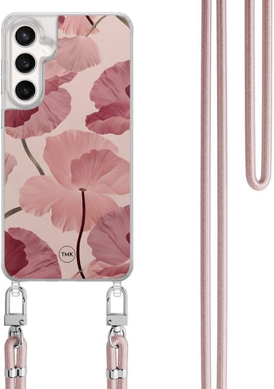 Telefoonhoesje met koord geschikt voor Samsung S24 FE - Vintage blossom - Inclusief Rosegoud koord - Transparant, Roze - Bloemen - Crossbody beschermhoes - Met Telefoonketting