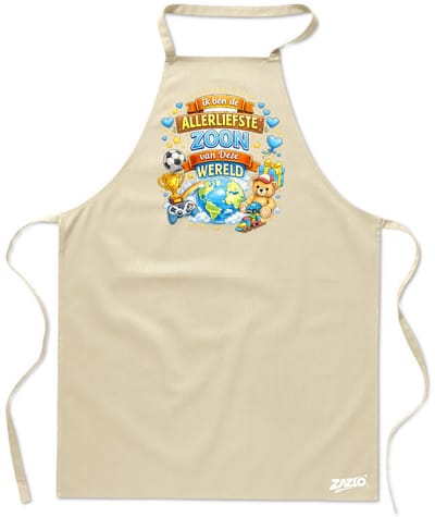 Budget - Unisex Schort - schort voor mijn zoon - Keukenschort - Kookschort - Halterschort - 65 x 90 cm - 100% katoen - ecru - kaki - Ik ben de allerliefste Zoon