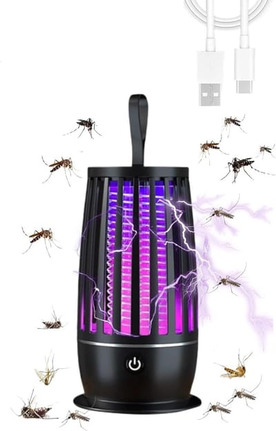USB-oplaadbare elektrische vliegenmepper, draagbare muggenlamp met nachtlampje, trekt vliegende insecten aan op 360° voor binnen en buiten, reizen, tuin, kamperen (zwart)