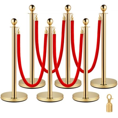 Vevor Stainless Steel Stanchion Post Queue 6PCS Pole w/ 4 Red Velvet Ropes, Crowd Control Barriers w/Fillable Base for for crowd control in theaters, hotels, casinos, red carpet events, ticket offices, and more,(6 Pieces, Silver)