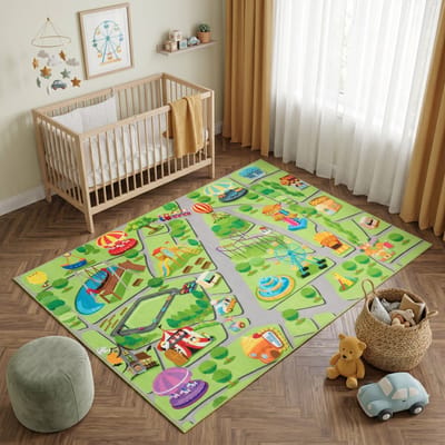 Tapiso Kids Kindervloerkleed Pretpark Speelkleed – Speeltapijt Groen Reuzenrad Achtbaan – Antislip Wasbaar 80x150
