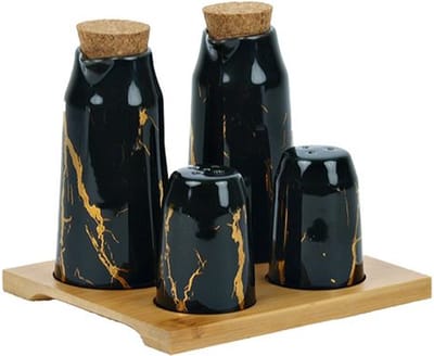 Bricard Menageset - 4-delig met Houten Plateau - Zwart/Goud Marmerlook - Olie en Azijn Stel + Peper en Zoutstel - Keramiek