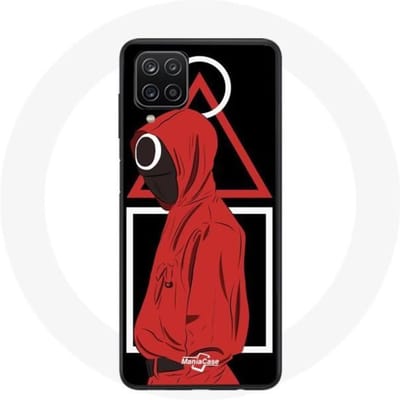 Coque Samsung Galaxy A12 Squid Game logo symboles triangle carre cercle Fond Noir
