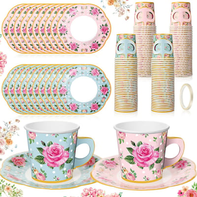 60 sets theekransjes decoraties bloemen papier theekopjes met handvat en platen wegwerp bloesem theekopjes en schotels sets met tape voor warme koude drank verjaardag (roze, blauw, 184 g)