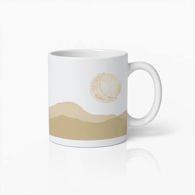 Minimalistische Maan & Woestijn Mok 330ml – Esthetische Boho Koffiebeker met Beige Landschap Ontwerp – Perfect Cadeau voor Kunst- & Natuurliefhebbers
