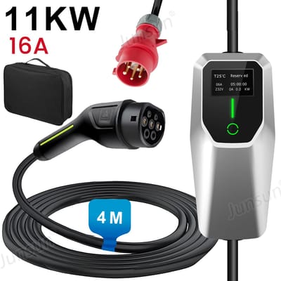 JUNSUN Draagbare 11kW 16A 3-Fase EV Laadkabel - Type 2 Laadpaal , 4M Kabel + LCD Scherm & Opbergtas - 6A/8A/10A/13A/16A Schakelbaar - IEC62196-2 & IP67