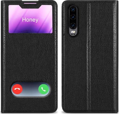 Cadorabo Hoesje geschikt voor Huawei P30 in KOMEET ZWART - Beschermhoes met magnetische sluiting, standfunctie en 2 kijkvensters Book Case Cover Etui