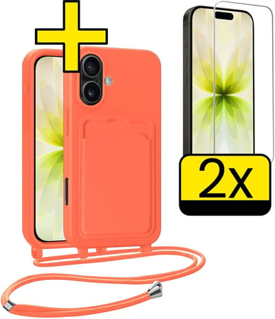 Hoesje Geschikt voor iPhone 17 Telefoonhoesje Met Koord Case Pashouder Met 2x Screenprotector Siliconen - Hoes Geschikt voor iPhone 17 Hoesje Met Kaarthouder - Papaya