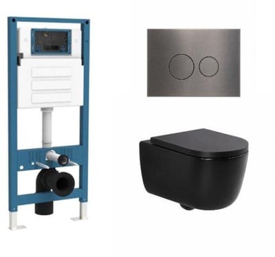 QeramiQ Dely Swirl Toiletset - inbouwreservoir Qeramiq Flush - 35mm zitting - metaal gunmetal bedieningsplaat - ronde knoppen - mat zwart