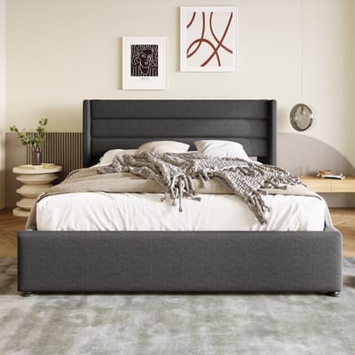 VVBV Gestoffeerd Opbergbed 180x200 cm - Hydraulische Opbergruimte, Lattenbodem, Houten Lattenbodem - Hout/Metaal Grijs