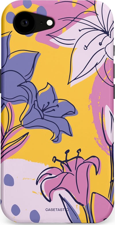 Casetastic Hoesje Geschikt voor Apple iPhone 16e Magsafe - Stijlvolle Beschermende Duo-layer Case - Paarse Lelie Kunst