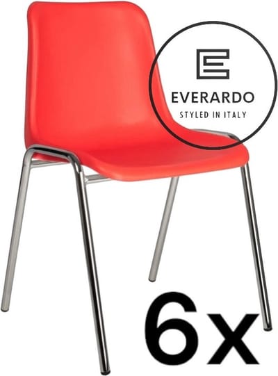 King of Chairs -set van 6- model KoC Everardo rood met verchroomd onderstel. Kantinestoel stapelstoel kuipstoel vergaderstoel tuinstoel kantine stoel stapel kantinestoelen stapelstoelen kuipstoelen stapelbare keukenstoel Helene eetkamerstoel