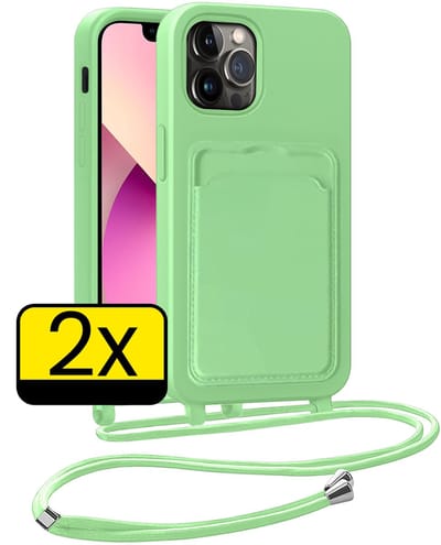 Hoesje Geschikt voor iPhone 13 Pro Telefoonhoesje Met Koord Case Pashouder Siliconen - Hoes Geschikt voor iPhone 13 Pro Hoesje Met Kaarthouder - Groen - 2 Stuks