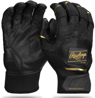 Rawlings - MLB - Honkbal - Softbal - Slaghandschoentjes - Workhorse - WH25BG - Leer - Een Paar - Batting Gloves - Volwassenen - Zwart/Goud - X-Large