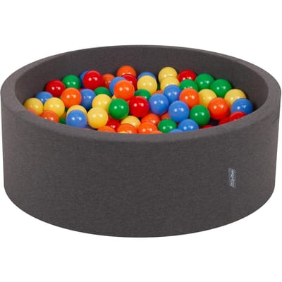 KiddyMoon Ballenbak voor kinderen Rond 90x30cm - 200 kleurrijke ballen ∅7cm - Speelgoed baby schuim - Baby ballenbad foam - Kunststof ballen - Ballenbak ballen - Voor sensorische - Met schuimvulling - Donkergrijs: Geel Groen Blauw Rood Oranje