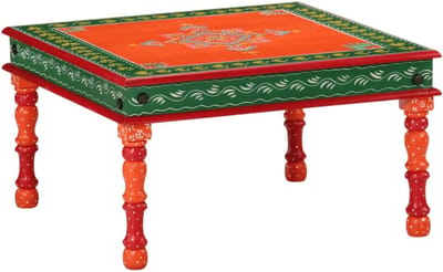 Massief Houten Tafel - Bijzettafel Decoratief - Woonkamer Inrichting - Handgeschilderd Uniek - 54 x 54 x 30 cm - Oranje