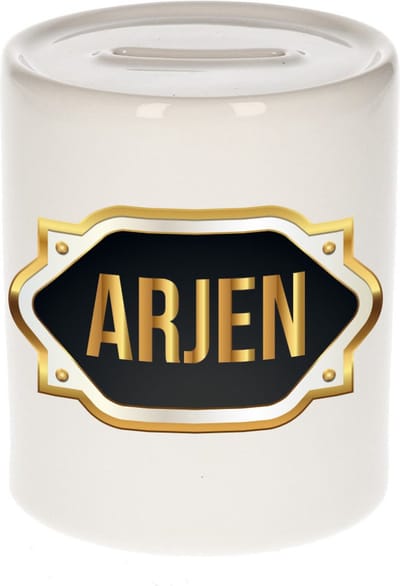 Spaarpot met voornaam Arjen - wit - met goud/zwart embleem - 8 x 9 cm - keramiek - met afsluitdop - cadeau verjaardag