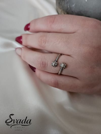 925 Sterling Zilver Ring – Dubbele Bol Design – Verstelbare Open Ring – Vintage Zilveren Damesring – Evada Jewelry