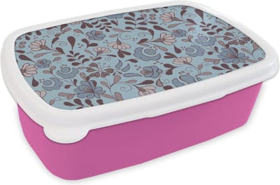 Broodtrommel Roze - Lunchbox Patroon - Bloem - Grijs - Blauw - Brooddoos 18x12x6 cm - Brood lunch box - Broodtrommels voor kinderen en volwassenen