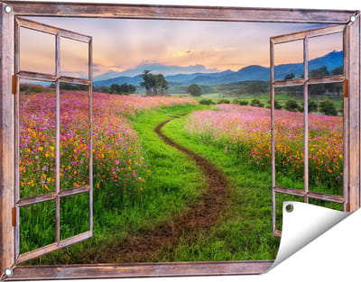 Gards Tuinposter Doorkijk Kosmos Bloemenveld met een Pad - Bloemen - 90x60 cm - Tuindoek - Tuindecoratie - Wanddecoratie buiten - Tuinschilderij