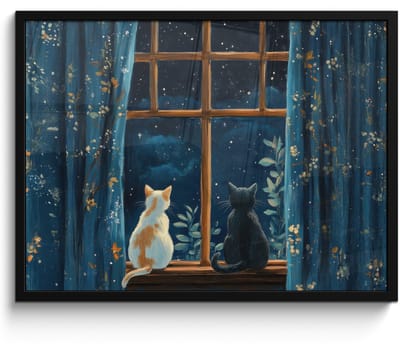 Poster in lijst - Fotolijst 70x50 cm - Posters - Kat - Sterrenhemel - Blauw - Posterlijst zwart - Decoratie - Wanddecoratie woonkamer - Muurdecoratie slaapkamer