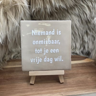 Robuust wenstegeltje – “Niemand is onmisbaar, tot je een vrije dag wil.” – Trendy nu – Wanddecoratie – Cadeau voor Collega, Baas of voor zomaar – Zomaar – Decoratief Tegeltje met Standaard – Stijlvol en Persoonlijk Woonaccessoire