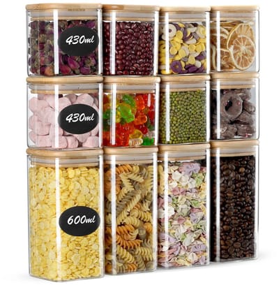 Stervia Voorraadpotten Glas - Met Bamboe Deksel - Voorraadbussen - 12 stuks - 430ML (8x) En 600ML (4x) - Luchtdicht