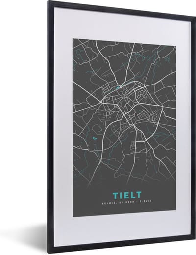 Fotolijst incl. Poster - België – Tielt – Stadskaart – Kaart – Blauw – Plattegrond - 40x60 cm - Posterlijst