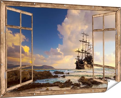 Gards Tuinposter Doorkijk Piratenschip aan de Kust bij Zonsondergang - 180x120 cm - Tuindoek - Tuindecoratie - Wanddecoratie buiten - Tuinschilderij