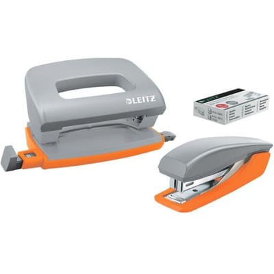 Leitz Mini Nietmachine + Perforator - Niet Tot 10 Vel - Voor Mappen En Ringbanden - Inclusief Nietjes - Ideaal Voor School Of Studie - Grijs/Oranje
